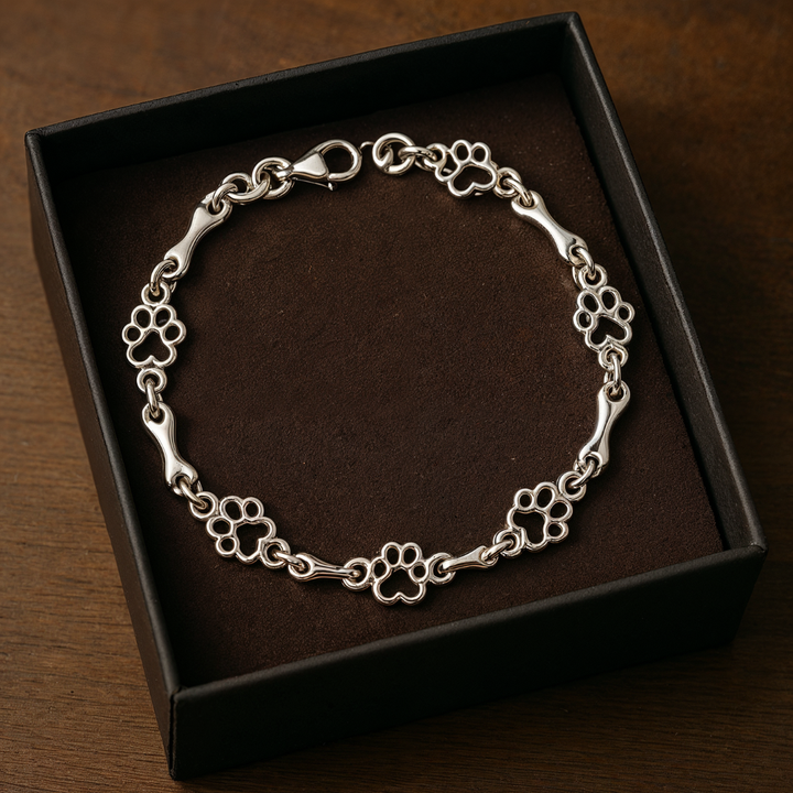 Strieborná náramok s psími stopami a kostičkou 